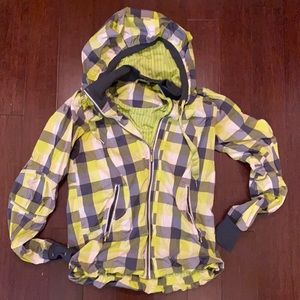 Lululemon Plaid Foxy Lime Green/Gray Hooded Pleated Jacket Sz4